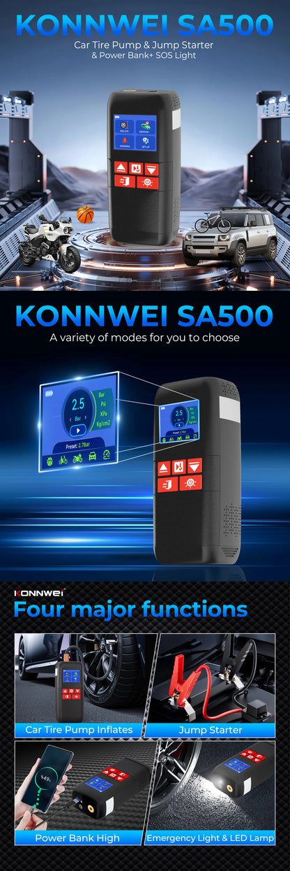 2026 KONNWEI SA500 4 w 1 Profesjonalna Pompka Samochodowa do Kół z Funkcją Rozruchu, Powerbanku i Przenośnej Lampy SOS 12V Zestaw Narzędzi Samochodowych