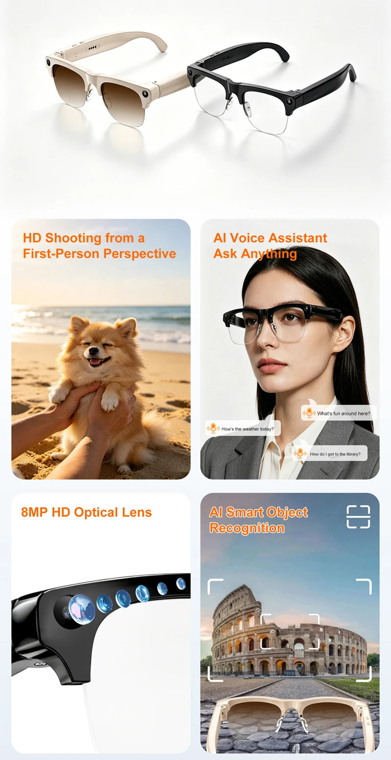 Semi-frame 1200W Pixel Camera Glasses with AI Voice Translation Smart Bluetooth Features Includes 3 Lense Travel Office