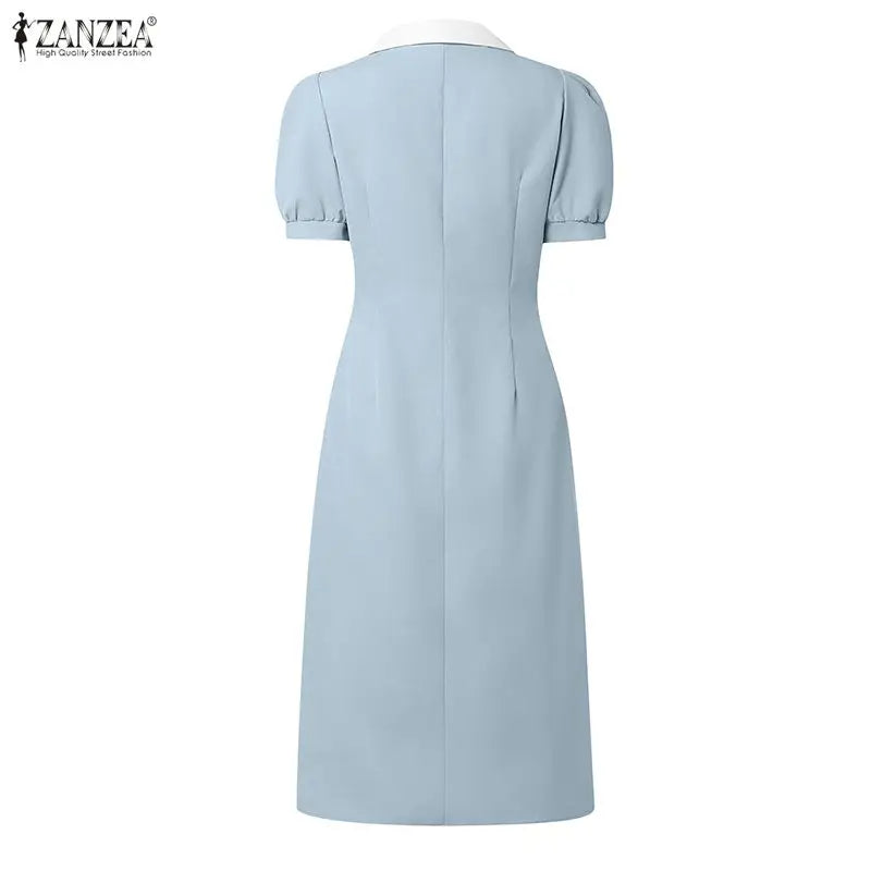 ZANZEA Elegant vColor-Blocked Bodycon A-Line Midi Dress Lapel Collar Short Puff Sleeves Ruched Waist Office Work Vestidos