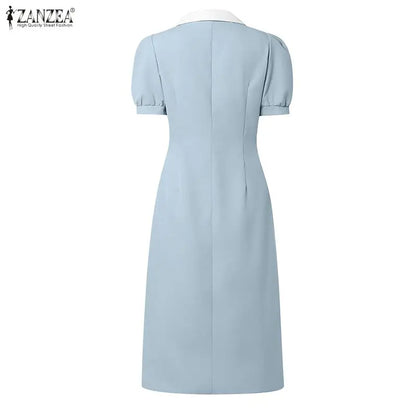 ZANZEA Elegant vColor-Blocked Bodycon A-Line Midi Dress Lapel Collar Short Puff Sleeves Ruched Waist Office Work Vestidos