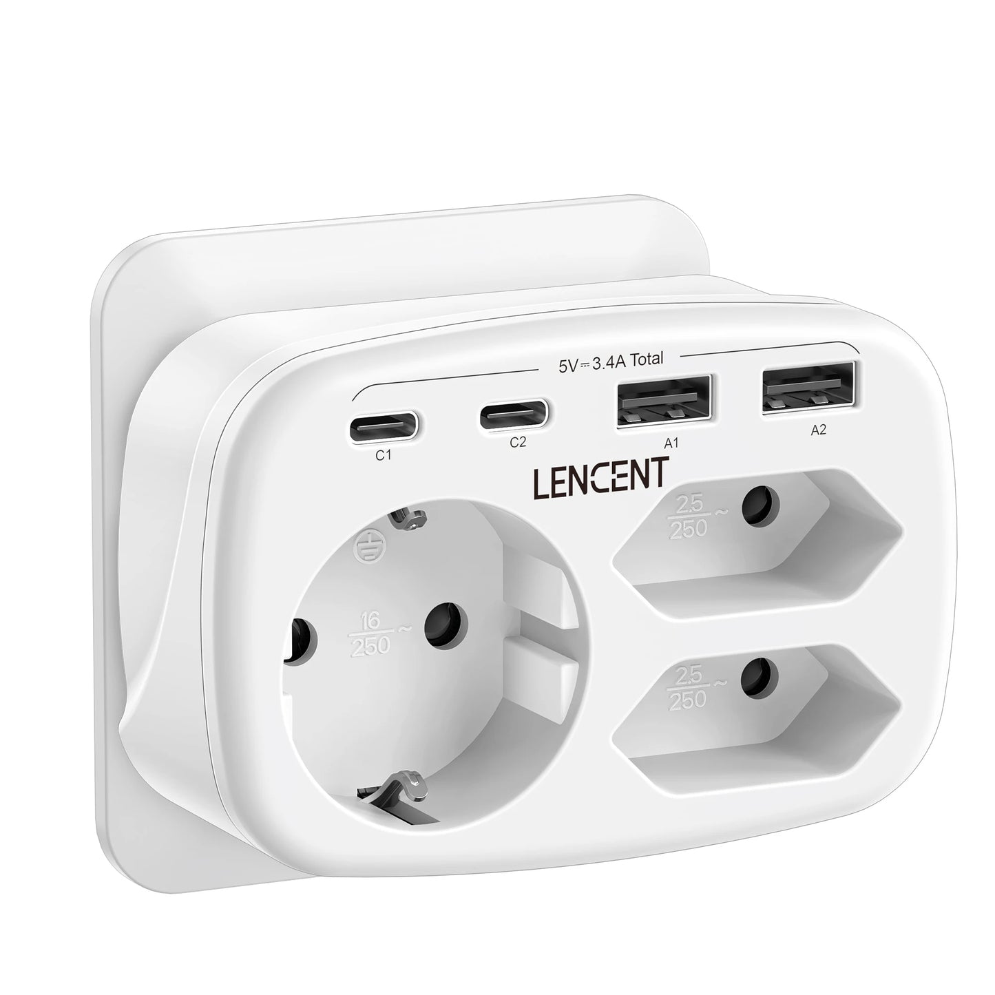 LENCENT EU Plug Power Strip with  3 AC Outlets +3 USB Charging Ports+ 1 Type C 5V 2.4A  Adapter 7-in-1 Plug Socket On/Off Switch