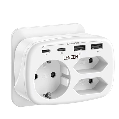 LENCENT EU Plug Power Strip with  3 AC Outlets +3 USB Charging Ports+ 1 Type C 5V 2.4A  Adapter 7-in-1 Plug Socket On/Off Switch