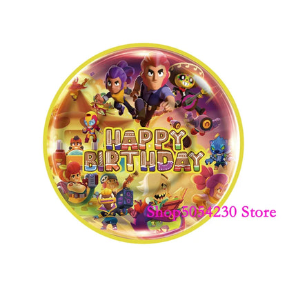 Brawl Stars Happy Birthday Party Supplies Set Cartoon Game Theme Tableware, Paper Plates & Backdrop Decorations for Celebrations