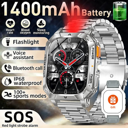 New Rugged Military Smart Watch Men 1400 mAh battery 2.01inch Bluetooth Call Health monitoring device LED flashlight Smart watch