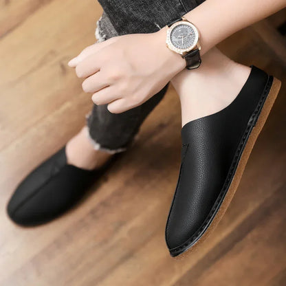 Fashion Leather Men Casual Shoes Slip on Man Loafers Breathable Soft Half Slippers Summer Flats Lightweight Lazy Driving Shoes
