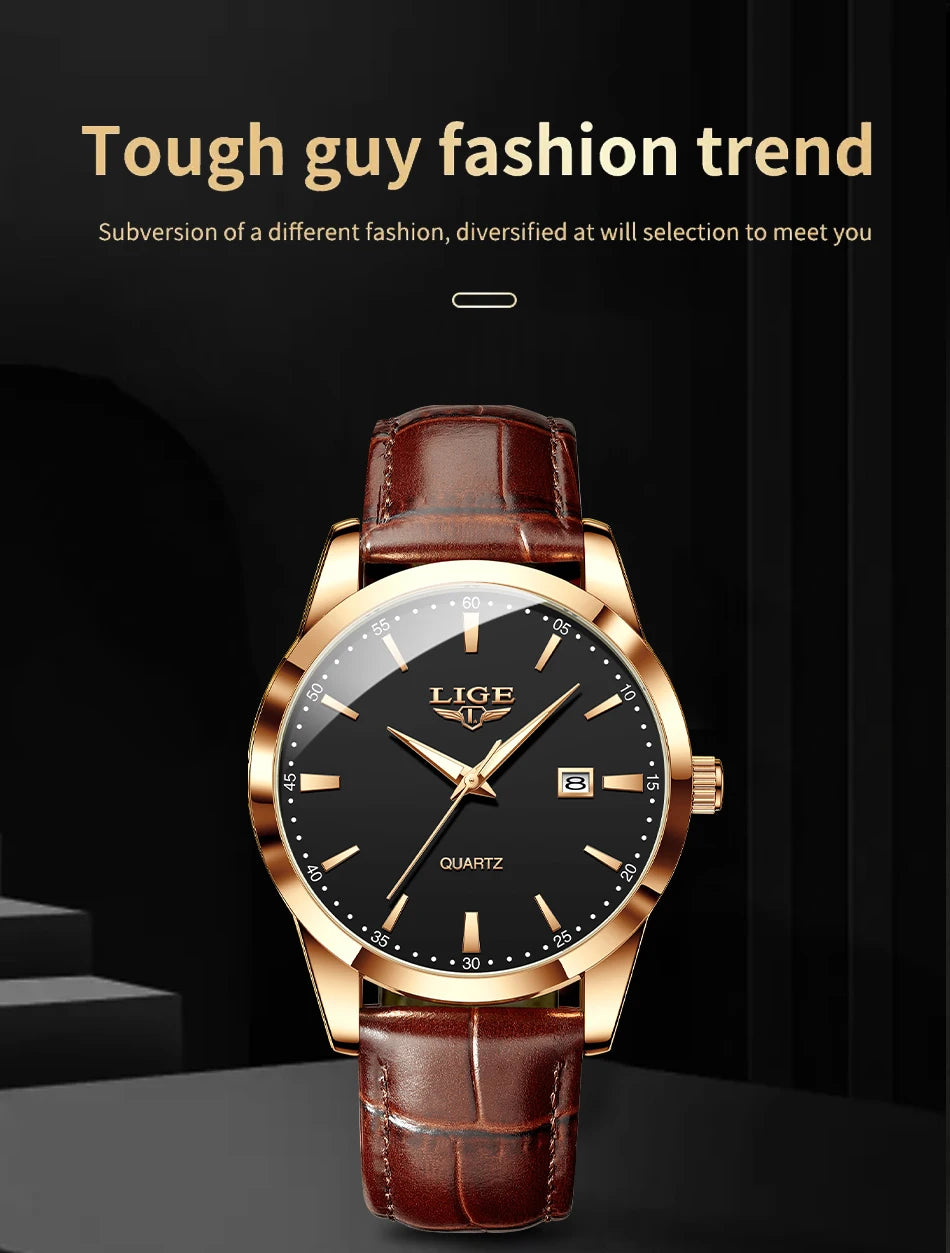 LIGE Military Watch For Men Fashion Business Watch Men Casual Leather Sport Waterproof Men's Quartz Wristwatches Reloj Hombre