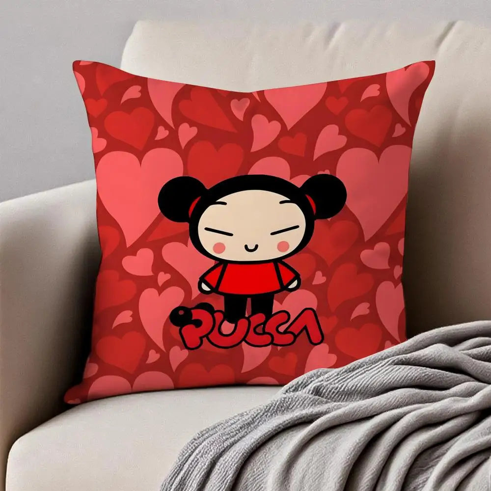 Kawaii P-Pucca Anime Cushion Cover Pillowcase Anti-dustmite Invisible Zipper Short Plush Sofa Cushion