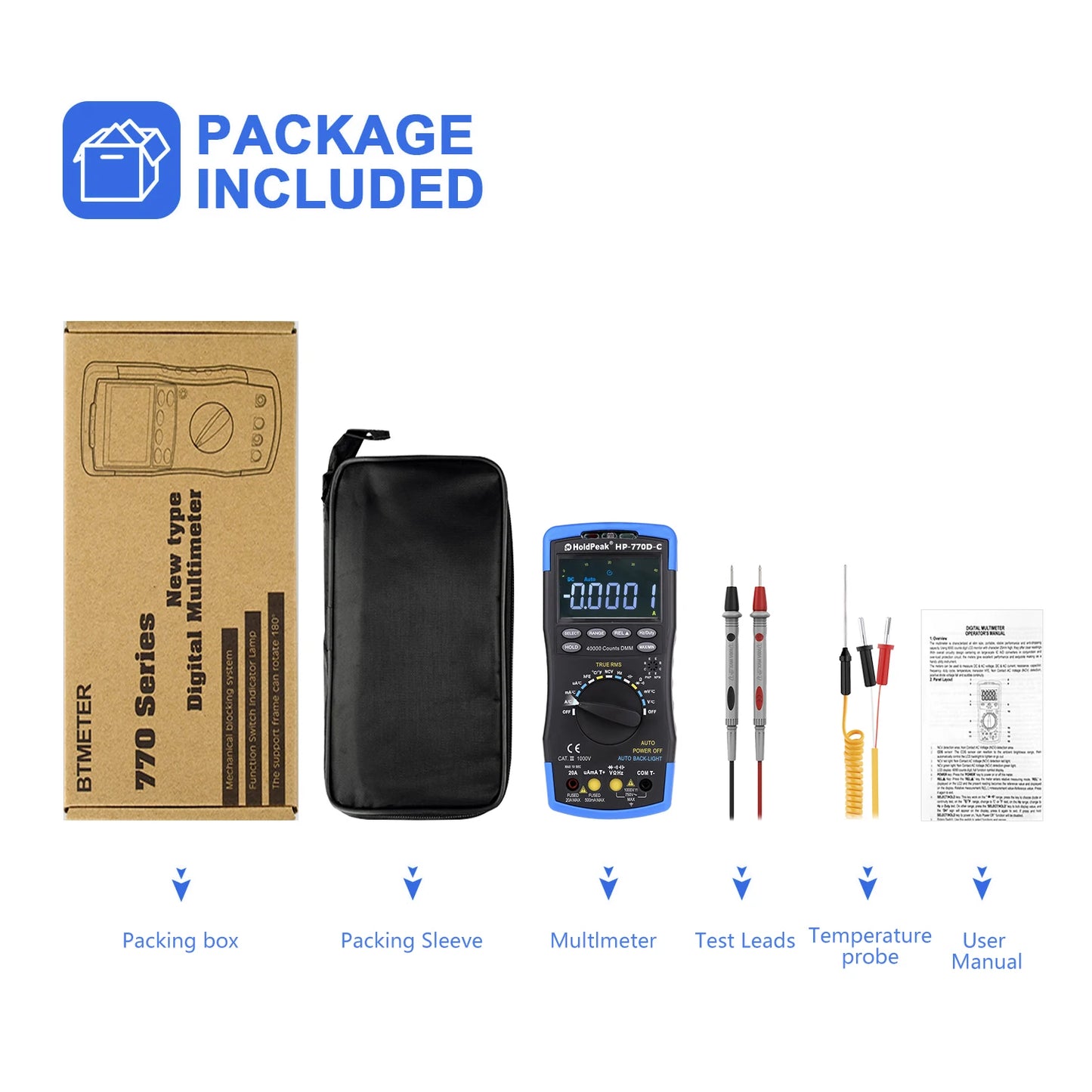 HP-770D-C LCD Digital Multimeter - True RMS Auto Range for AC/DC Voltage, Ohm, Amp & Capacitor (40,000 Counts)