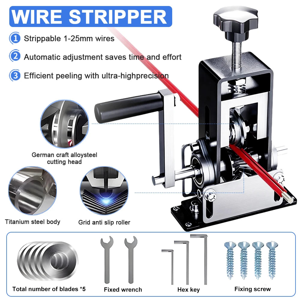 1-70mm² Wire Stripper Manual Wire Stripping Tool Cable Stripper Peeling Machine Compatible with Hand Crank Electric Drill Peeler