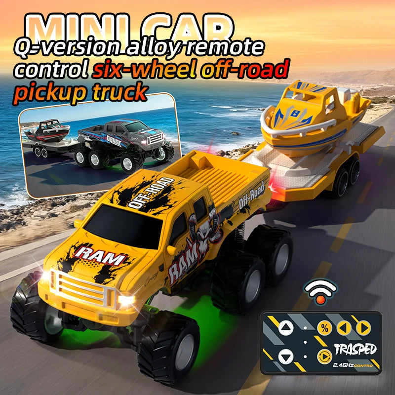 JJRC 1:64 Mini 6-Wheel Alloy RC Offroad Pickup Truck With Trailer & Speedboat Full Proportional Remote Control Car Boys Gift Toy