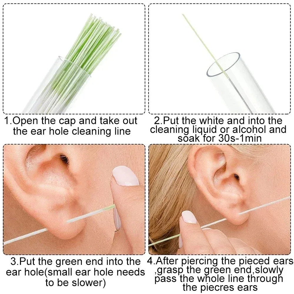 60Pcs Colorful Pierced Ear Cleaning Line Set Paper Floss Herb Solution Ear Hole Cleaning Kit Effective Anti-Blocking