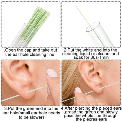 60Pcs Colorful Pierced Ear Cleaning Line Set Paper Floss Herb Solution Ear Hole Cleaning Kit Effective Anti-Blocking