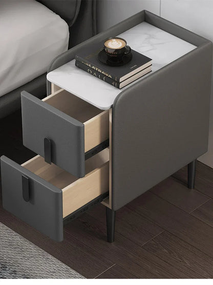 Moder Style Wooden Bedside Table Mini Narrow Leather Bedroom Nightstand Side Storage Cabinet with 2 Drawers Hotel End Table