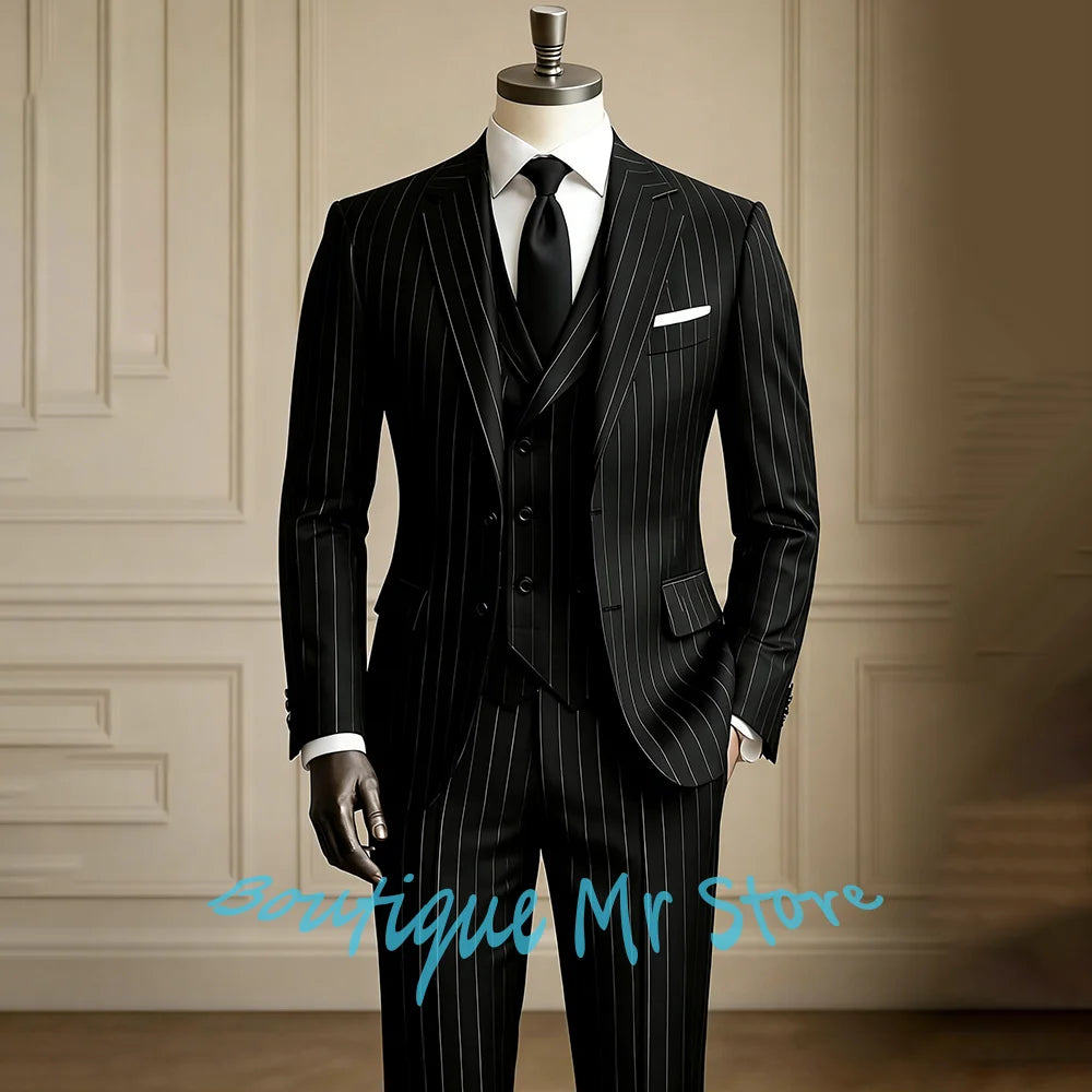 Black Pinstripe 3 Pieces Tuxedo Set Formal Men’s Suits and Separates Single Breasted Business Wedding Office Jacket+Vest+Pants