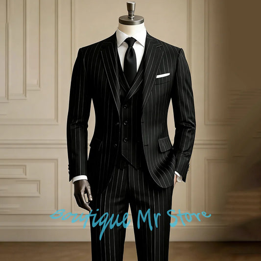 Black Pinstripe 3 Pieces Tuxedo Set Formal Men’s Suits and Separates Single Breasted Business Wedding Office Jacket+Vest+Pants