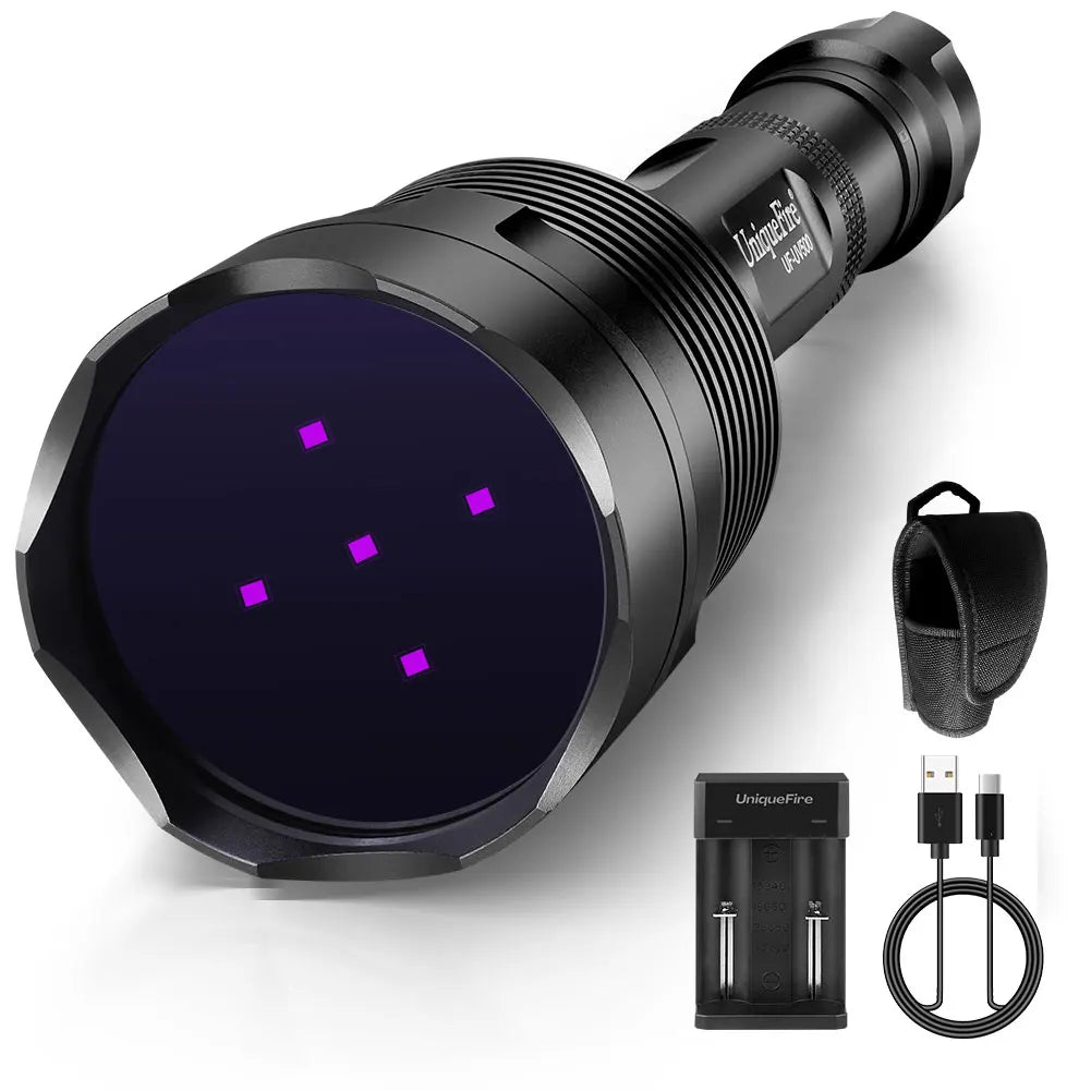 UniqueFire 50W UV500 365NM Black Light LED Flashlight High Power and Long Range Grade Beam Best for Professional/Commercial Use