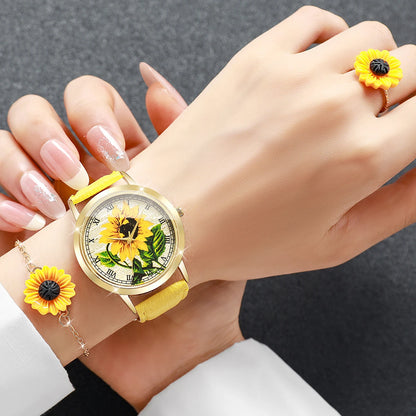 6PCS/Set Fashion Flower Dial Women Watches Leather Strap Quartz Watch Daisy Jewelry Set Reloj Mujer (Without Box)