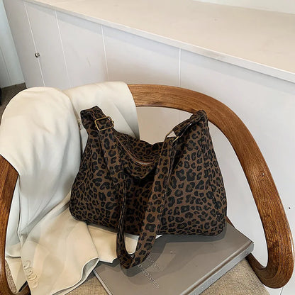 Trendy Casual Soft Textile Women's Shoulder Bag Large Capacity Leopard Print Female Retro Crossbody Bag For Commute Outings