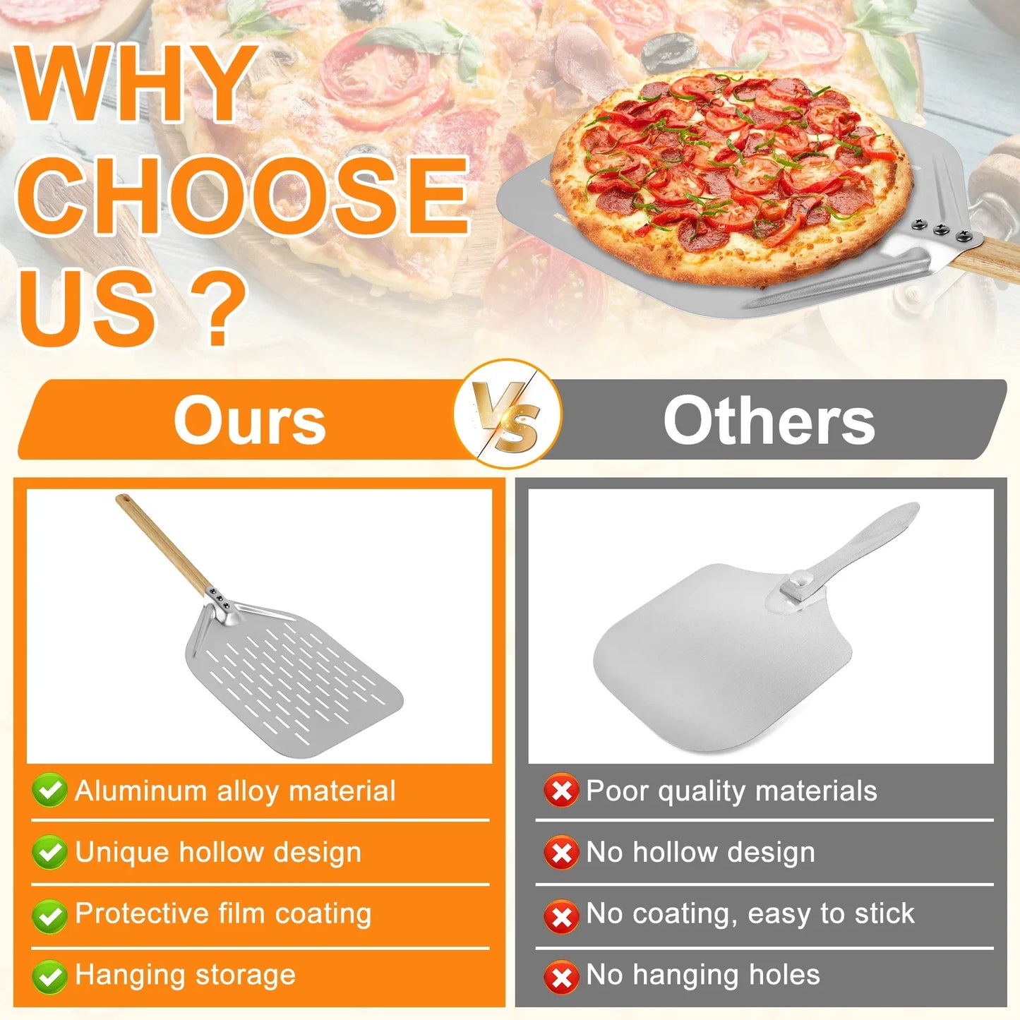 6.5/10/12inch Pizza Shovel Metal Non-Stick Pizza Peel with Wood Handle Cake Lifter Transfer Tray for Homemade Baking Pizza Bread