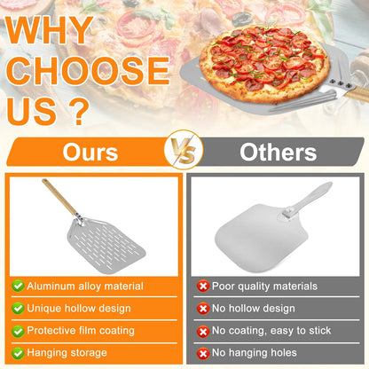 6.5/10/12inch Pizza Shovel Metal Non-Stick Pizza Peel with Wood Handle Cake Lifter Transfer Tray for Homemade Baking Pizza Bread