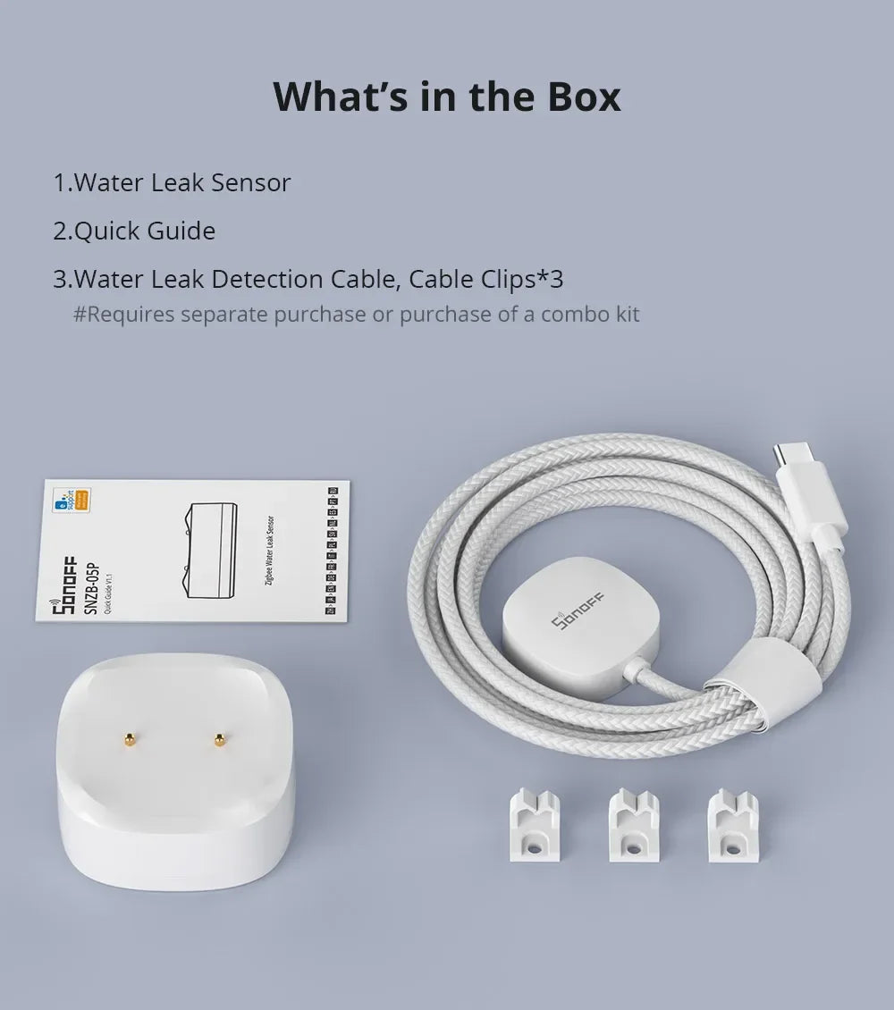 SONOFF SNZB-05P Water Leak Sensor With Detection Cable 5-Year Battery IP67 Waterproof Smart Alarms Works With Alexa Google Home