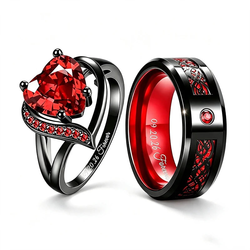 Personalized Couple Rings Set Custom Engraved Heart Cubic Zirconia Engagement  Ring Birthday Gift Wedding Rings Jewelry
