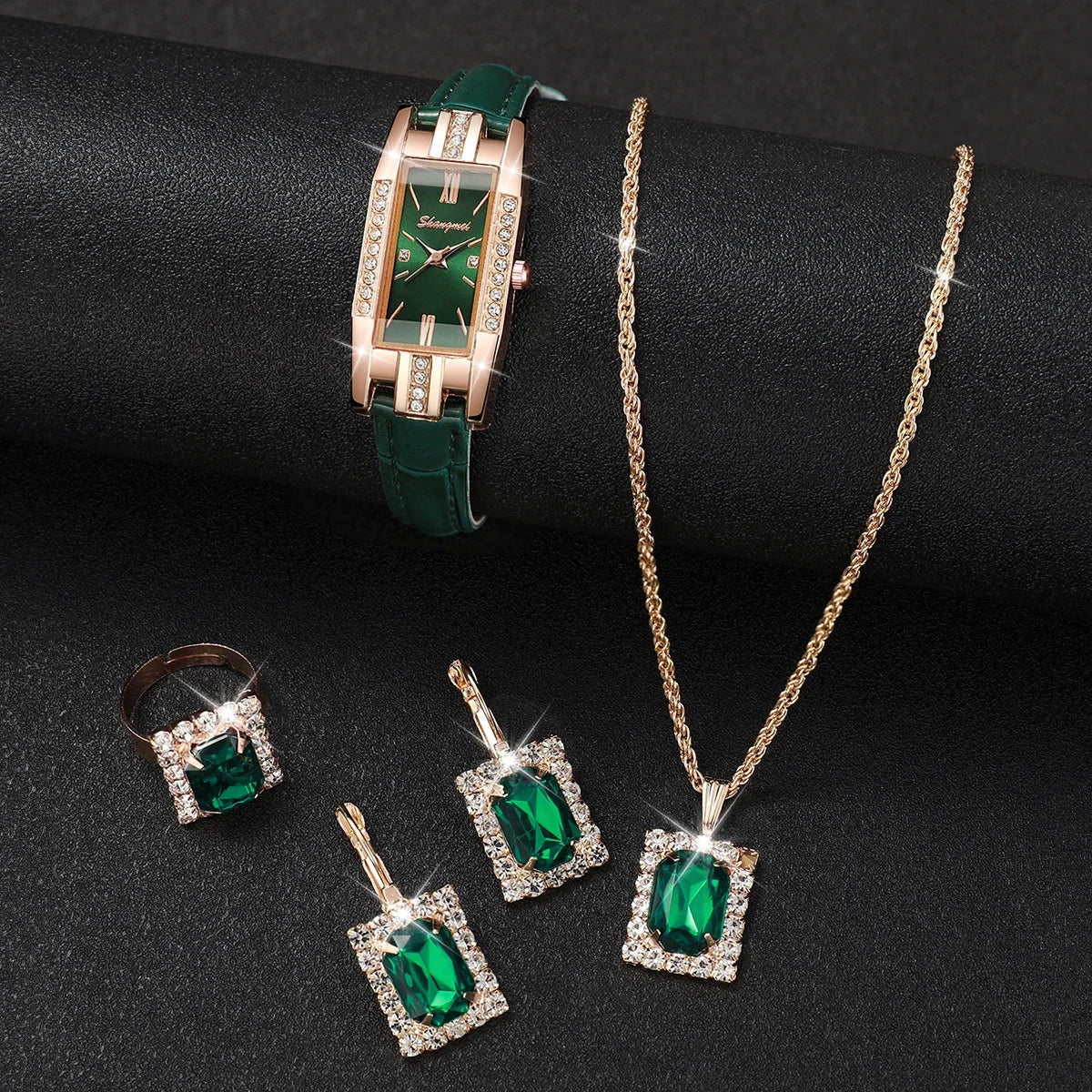 Synthetic Diamond Jewelry Set White Woman, Watch, Trendy Style, Gift for Girlfriend, Spine, Woman, 5 Pieces Per Set