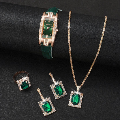 Synthetic Diamond Jewelry Set White Woman, Watch, Trendy Style, Gift for Girlfriend, Spine, Woman, 5 Pieces Per Set