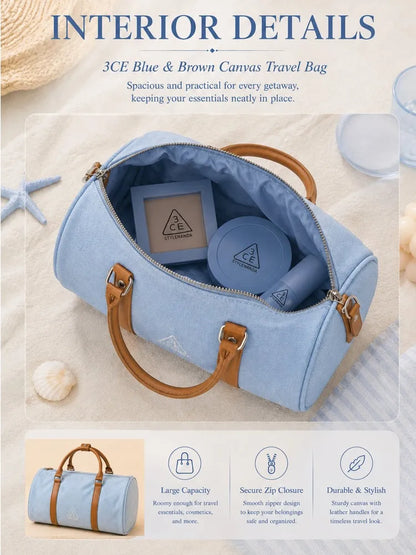 3CE Blue & Brown Color-Block Canvas Travel/Makeup Bag – Suitable for outdoor trips; spacious enough to store various cosmetics