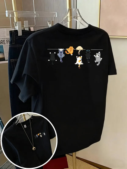 Cartoons Cats Prints T-Shirts Summer Womens Cotton T Shirts Basic O-Neck Oversized Short Sleeve Tops Casual Street Woman Clothes