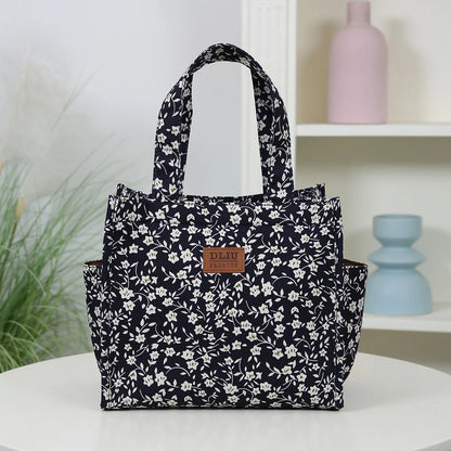 New floral print thickened fabric handbag, lunch bag, portable lunch box storage bag, zipper design, multifunctional tote