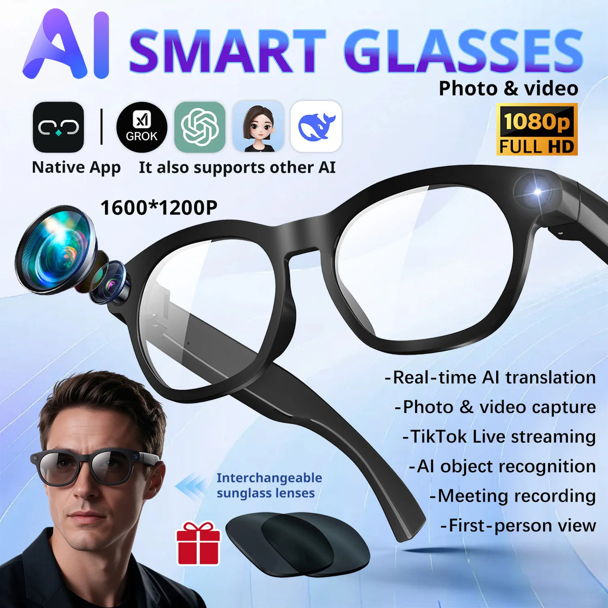 CY03 AI Smart Glasses with Camera 1600x1200 Video Recording Open-Ear Bluetooth 5.3 Headphones Real-time Translation Touch Contro