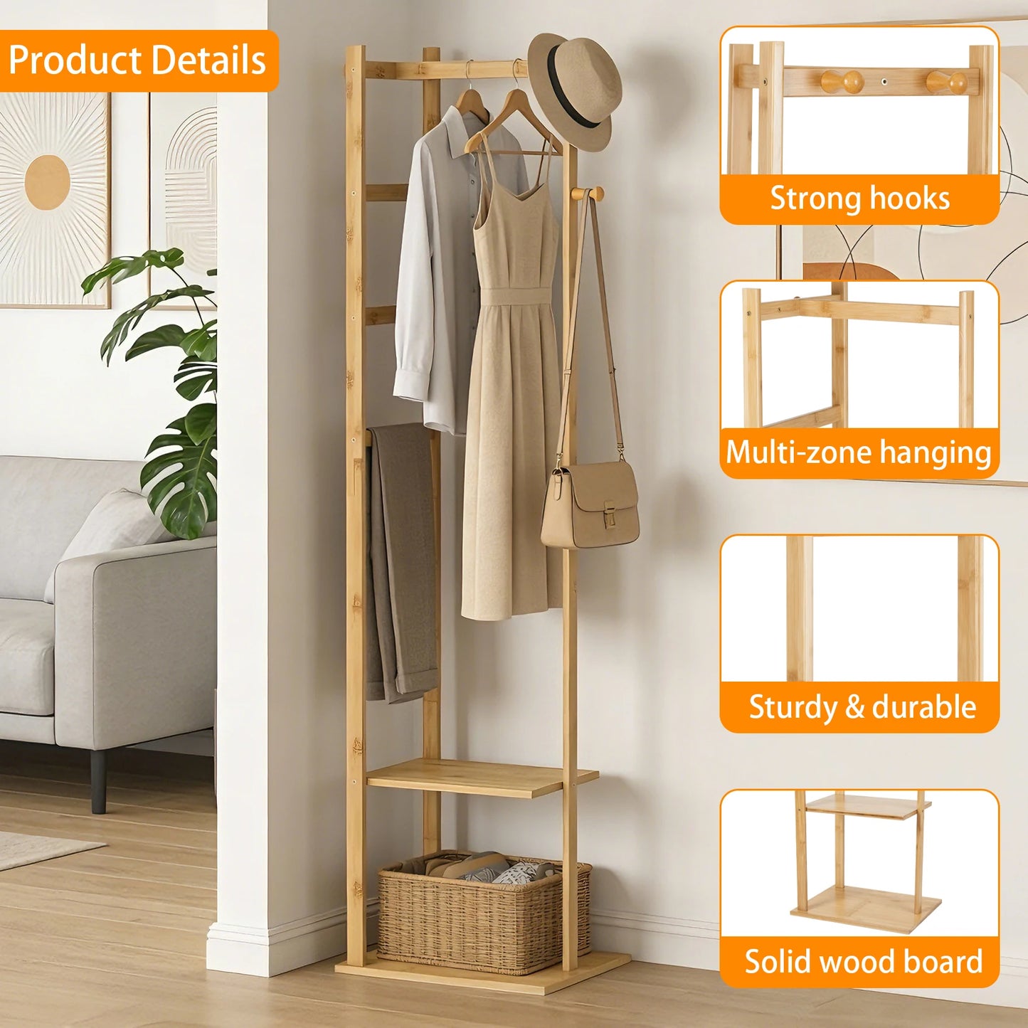 Bamboo Corner Coat Rack Stand Hall Tree Entryway Clothing Organizer Eco-Friendly Storage for Living Room Bedroom