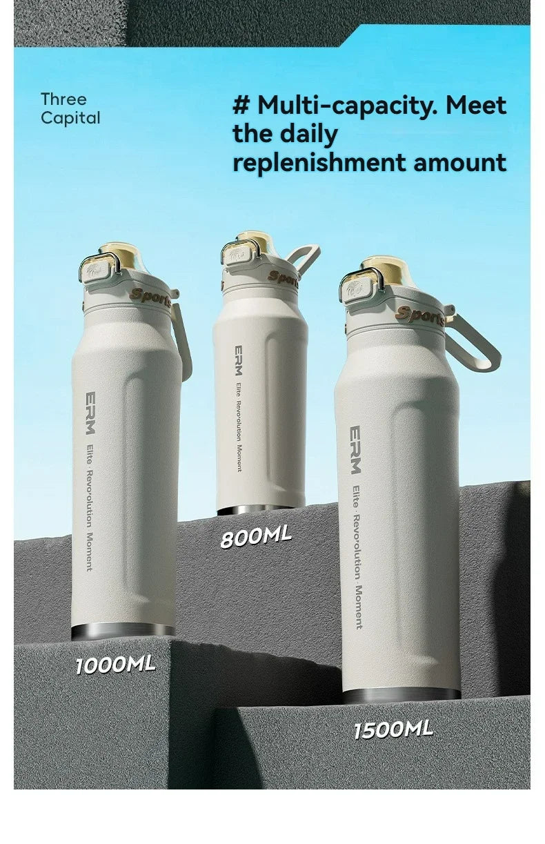 1L Stainless Steel Thermos Bottle, Iced & Heat Insulated Cup, Hiking Cycling Fitness Vacuum Flask with Handle
