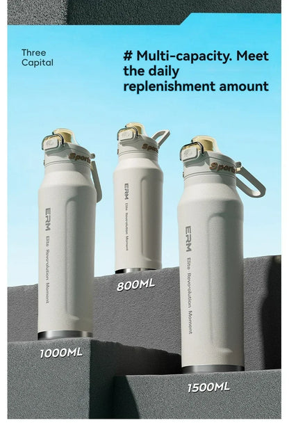 1L Stainless Steel Thermos Bottle, Iced & Heat Insulated Cup, Hiking Cycling Fitness Vacuum Flask with Handle