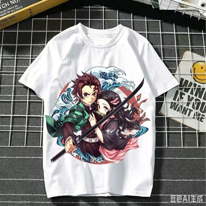 2026 Summer Demon Slayer Nezuko Cherry Blossom Butterfly Print Cotton T-Shirt Adult Kids Casual Loose Breathable Anime Tops Y2k