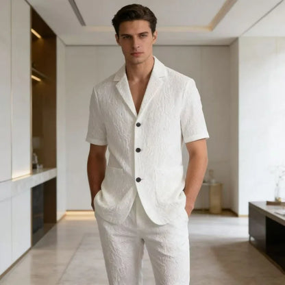 KIDWHXR Summer Man Suit Set Korean Thin Slim Short Sleeve Male 2-piece Outfit Men Single-breasted Blazer Elastic Waist Pant