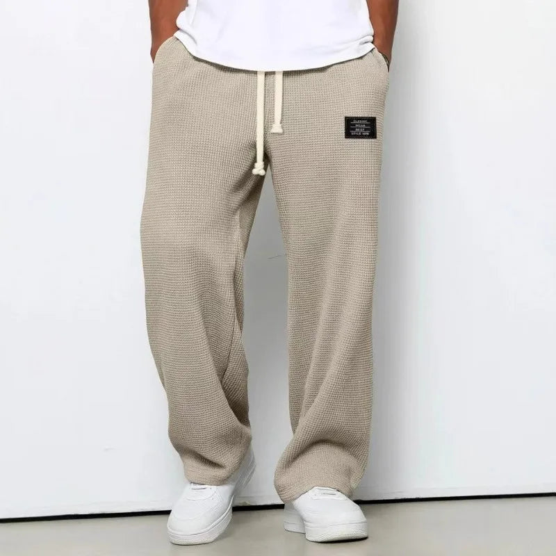 Men Waffle Knit Wide Leg Pants Elastic Drawstring Casual Trousers Loose Streetwear Workout Jogger PantsS-4XL