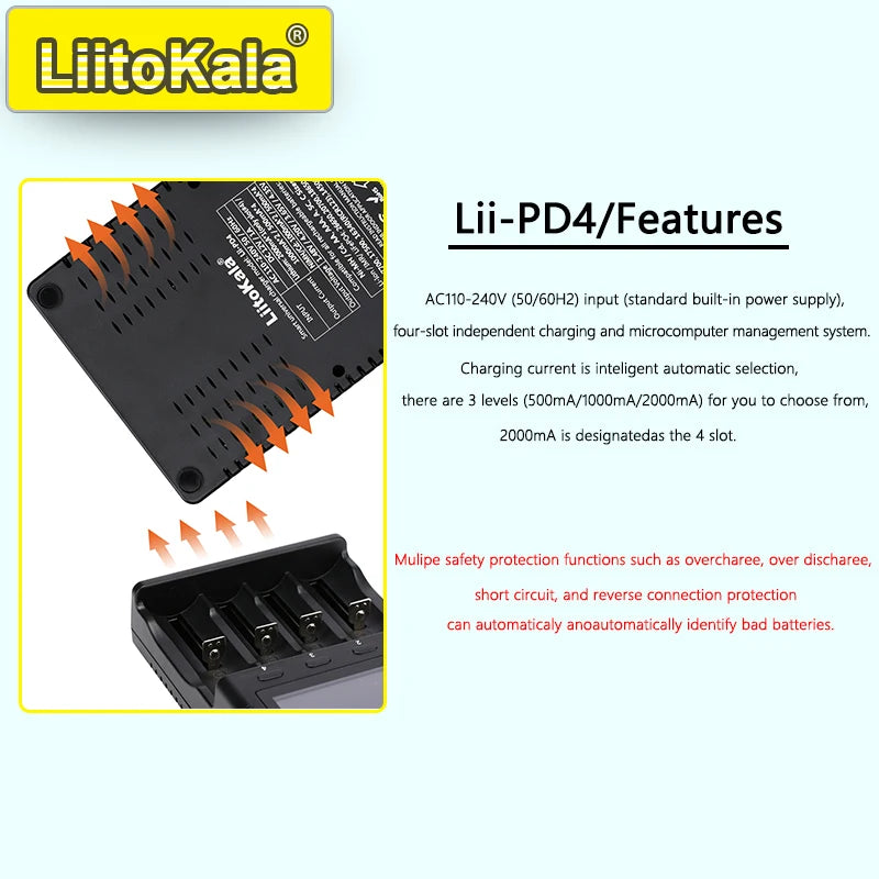 Ładowarka sieciowa LiitoKala Lii-PD4/PD2 LCD, szybkie ładowanie, 4/2 gniazda na akumulatory 21700/18650/AA/AAA, wielokrotne zabezpieczenia, automatyczne wykrywanie