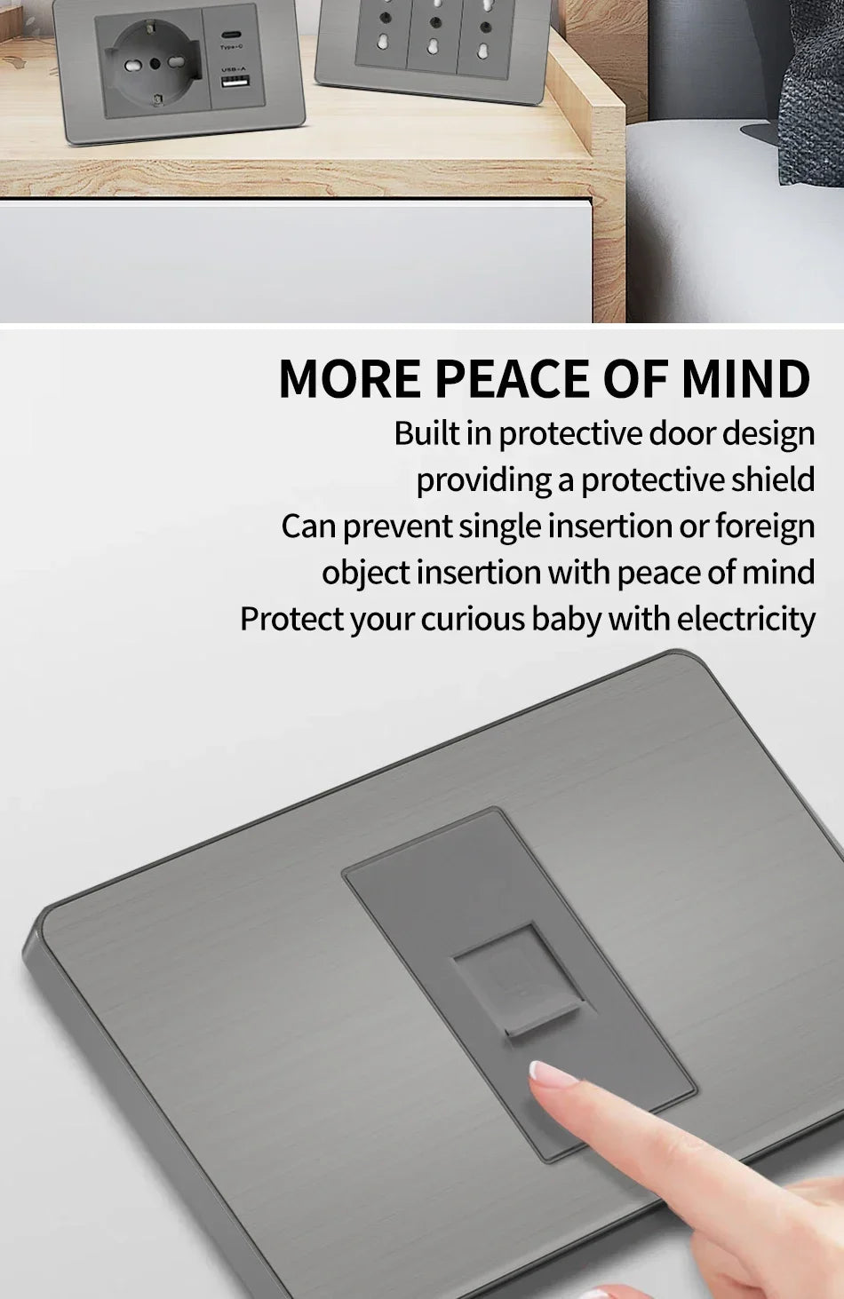 118 US Mexico Grey Stainless Steel Brushed 2way Electrical Light Switch Home Wall Socket Plug Double USB Type-C Power Outlet