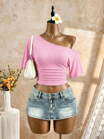 Women One Shoulder Short Sleeve Side Ruched Cropped T Shirt 2026 Summer Y2K Going Out Casual Streetwear Tops