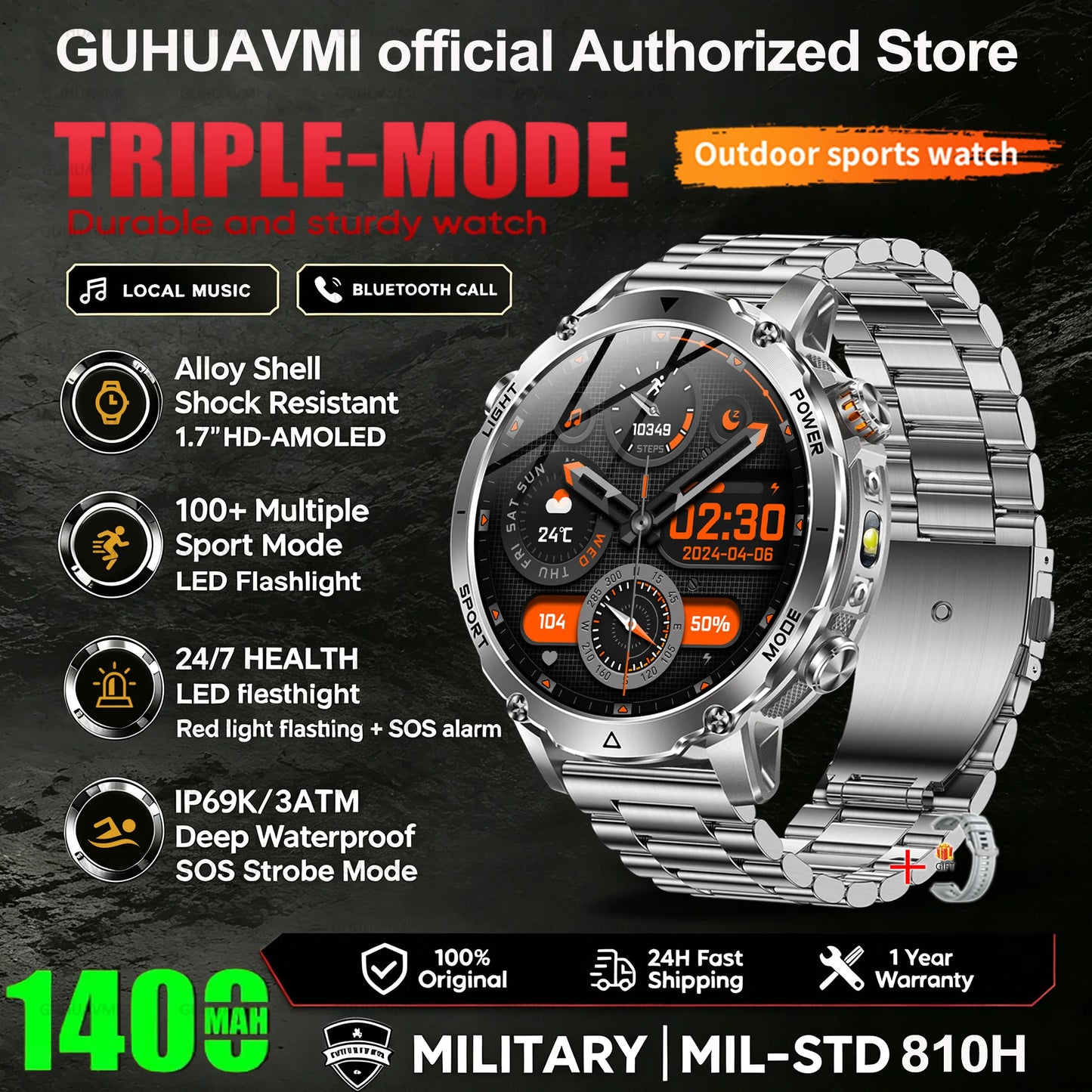 New 1400mAh Battery Sports Smart Watch 1.7” SOS+Flashlight Exercise Record Bluetooth Call Waterproof Health Watch For Android iO