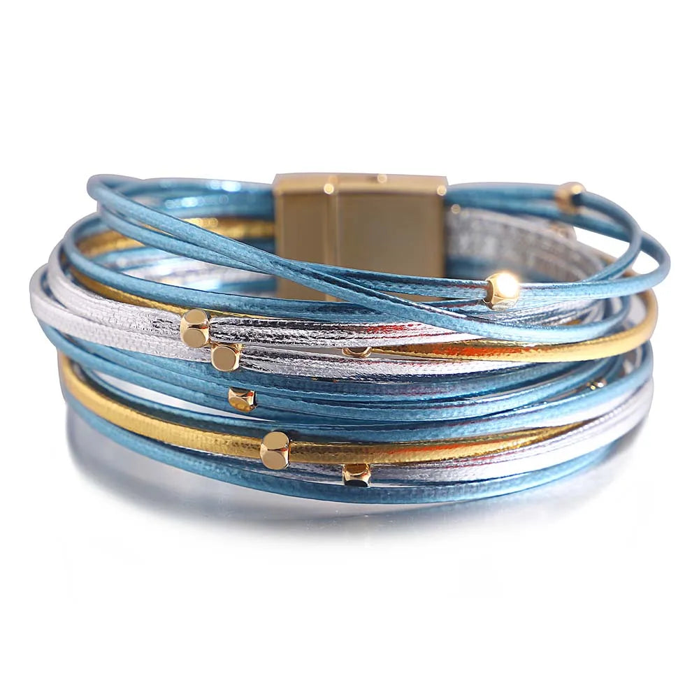 ALLYES Charm Triple Color Leather Bracelet for Women Bohemian Metal Beads Multilayer Thin Strip Wrap Bracelets Fashion Jewelry