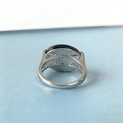 S925 Sterling Silver Natural Large Black Agate Stone Ring 13*18mm Oval Shape Vintage Black Rings Fine Jewelry For Men
