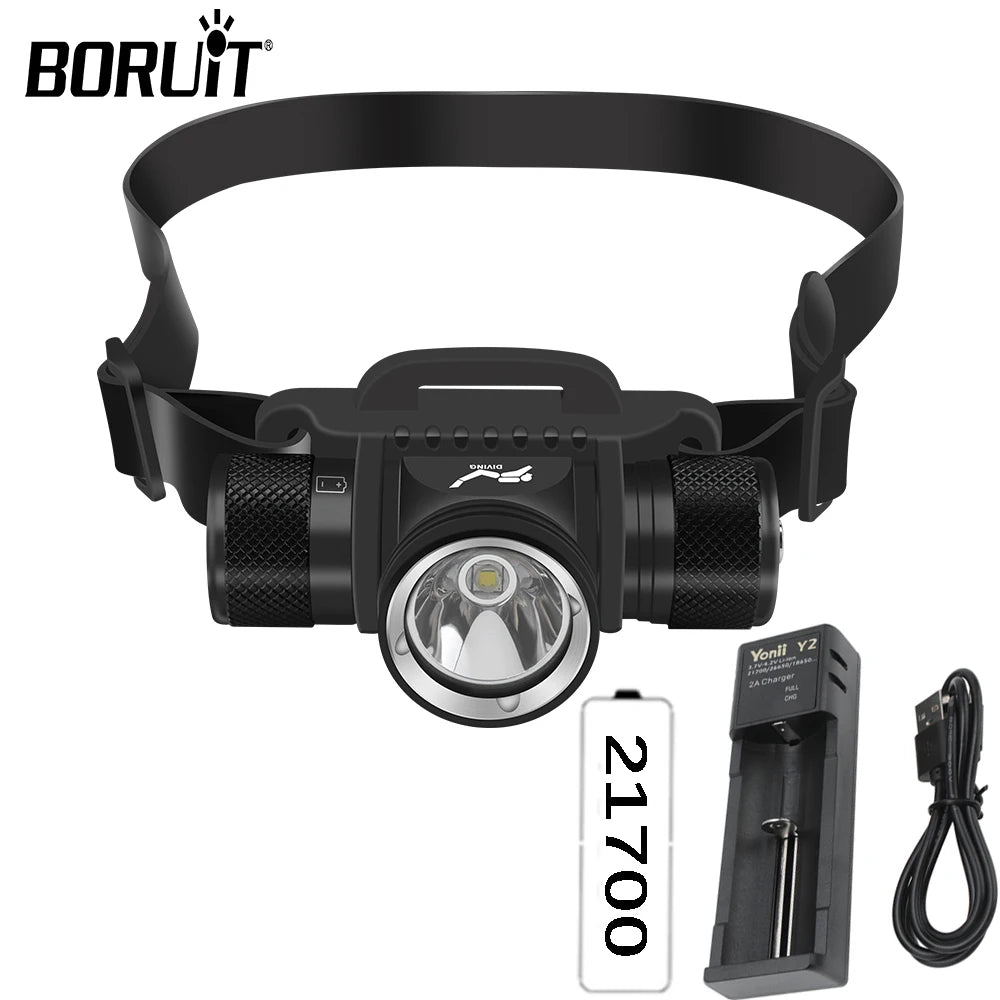 BORUiT HP900 Diving Headlamp 800 Lumen 18650/21700 Battery Torch IPX8 Waterproof Headlight For Fishing Camping Aluminum Alloy