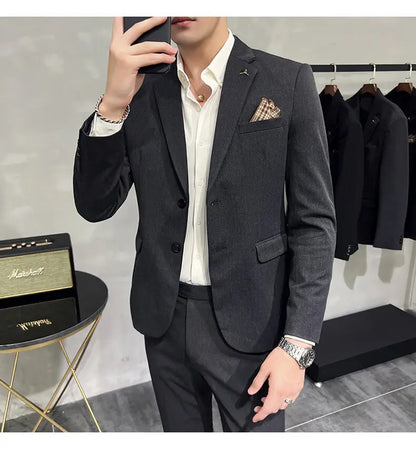 High quality Korean slim fit (suit + trousers) Fashion business handsome casual solid color wedding suit two-piece set