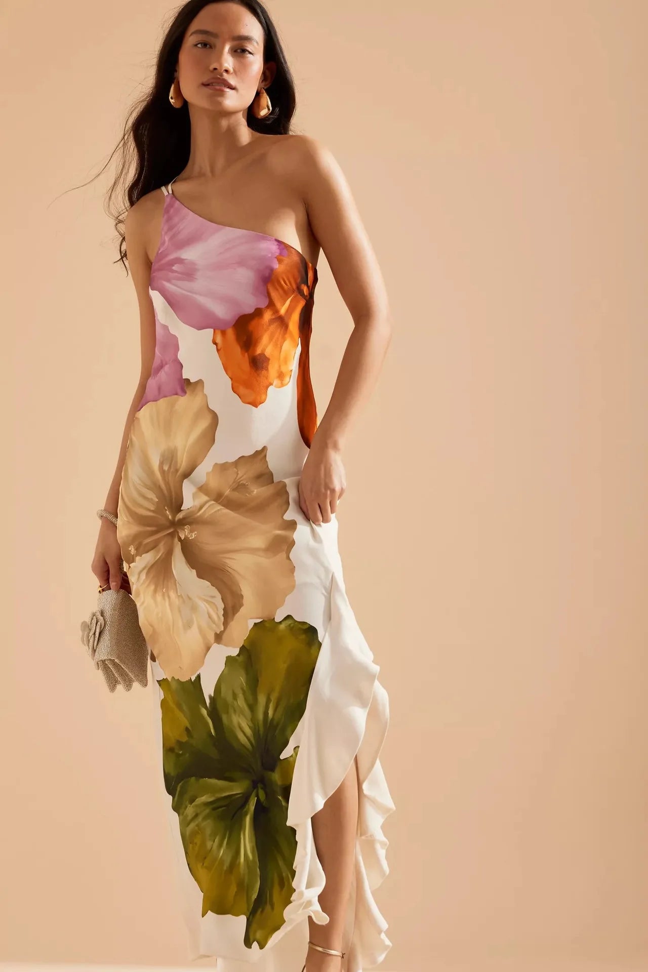 VEITCHE Fashion Women Printed Curling Edge Long Dresses Irregular One Shoulder Open Fork Gown Women Summer 2025 Party Vestidos