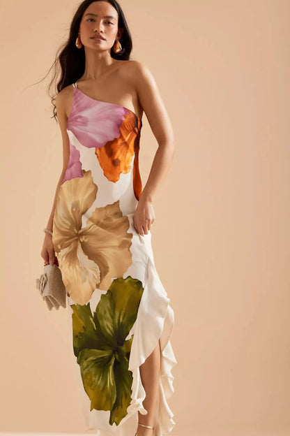 VEITCHE Fashion Women Printed Curling Edge Long Dresses Irregular One Shoulder Open Fork Gown Women Summer 2025 Party Vestidos