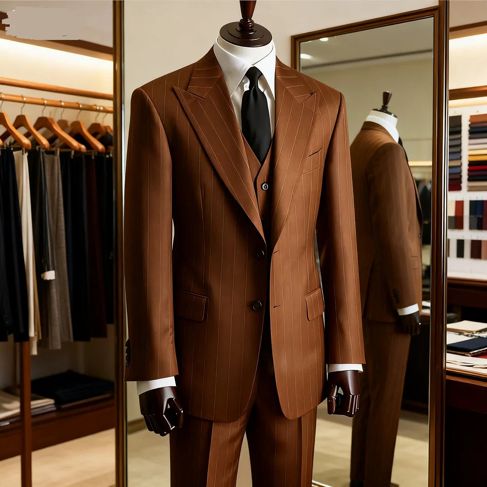 Elegant Men's Wedding Suit Brown Striped Formal Office Wedding Groom 3-Piece Blazer Vest Pants Set for Business Office