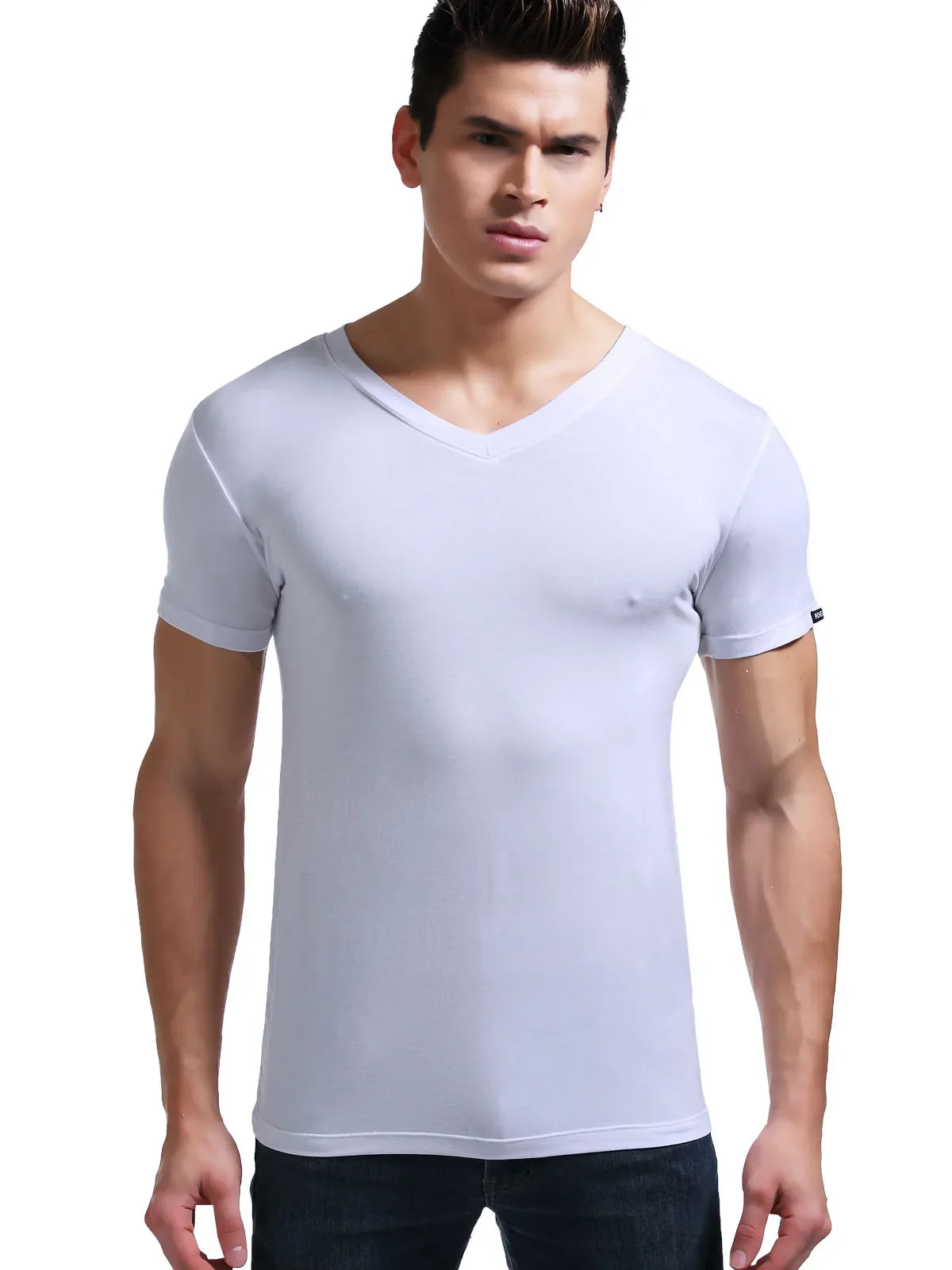 Modal summer round neck tight men's short sleeve V-neck T-shirt solid color vest T-shirt slim-fit sports undershirt